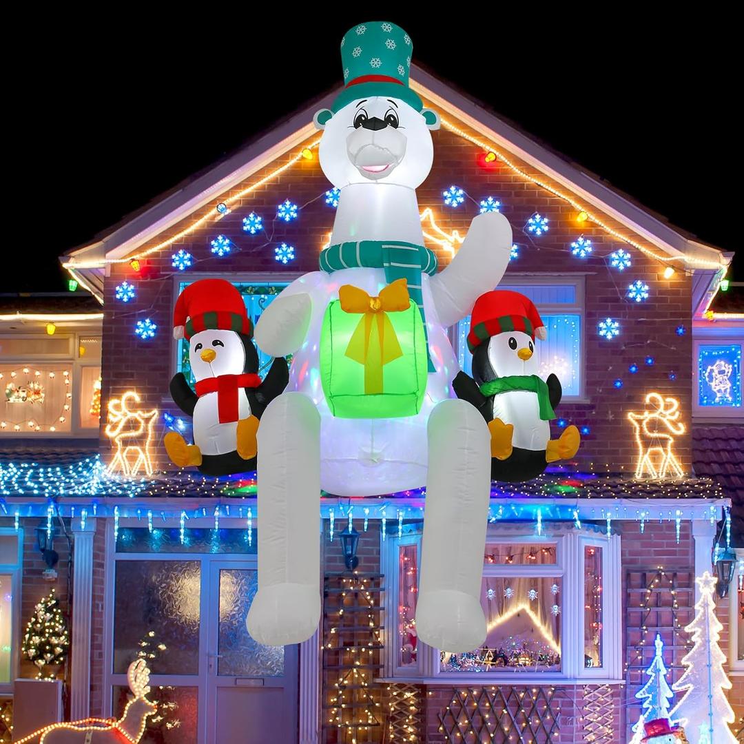 8 FT Polar Bear Inflatable Decoration Sitting on Roof with LED Lights and Kaleidoscope Lights, Suitable for Holiday Celebration Decorations on Yard, Lawn and Patio