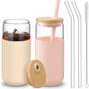 VITEVER 20 OZ Glass Cups with Bamboo Lids and Straws - Beer Can Drinking Glasses with Silicone Protective Sleeve Set, Iced Coffee Glasses, Cute Tumbler Cup for Water, Tea, Gift - Pink, Amber