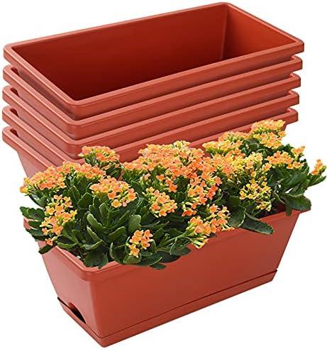 CHUKEMAOYI Window Box Planter, 7 Pack Plastic Vegetable Flower Planters Boxes 17 Inches Rectangular Flower Pots with Saucers for Indoor Outdoor Garden, Patio, Home Decor (Red)