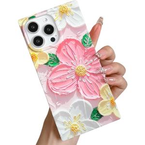 KERZZIL Elegent Girly 3D Flower Compatible with iPhone 16 Pro Rectangle Edge Case, Cute Floral Pattern Slim Soft TPU Protective Bumper Cases Cover(Pink,16 Pro)