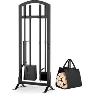 6 Pcs Fireplace Tools Set with Log Carrier, HXJLJY 34" Fireplace Accessories Sturdy Fire Tool Set Holder with Fire Poker Brush Shovel Tong Stand for Indoor Fireplace Outdoor Fire Pit Wood Stove, Arch