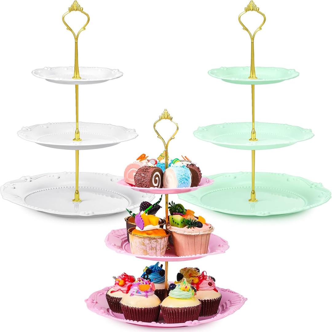 3 Sets Tea Party Decorations of 3 Tier Wedding Plastic Cupcake Stand Dessert Plates Cake Fruit Candy Display Tower for Wedding Birthday Baby Shower Tea Party Decorations(Round)
