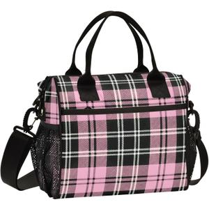 Pink Black Tartan Plaid Valentines Lunch Bag Insulated Cooler Bag Tote Reusable Lunch Box for Women Men Adult Adjustable Shoulder Strap Leakproof for Work Picnic