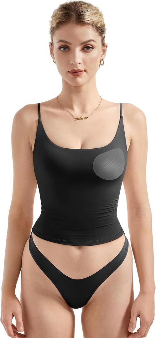 SUUKSESS Women Padded Scoop Neck Tank Tops Double Line Going Out Basic Camisole Top Large, 01 Black
