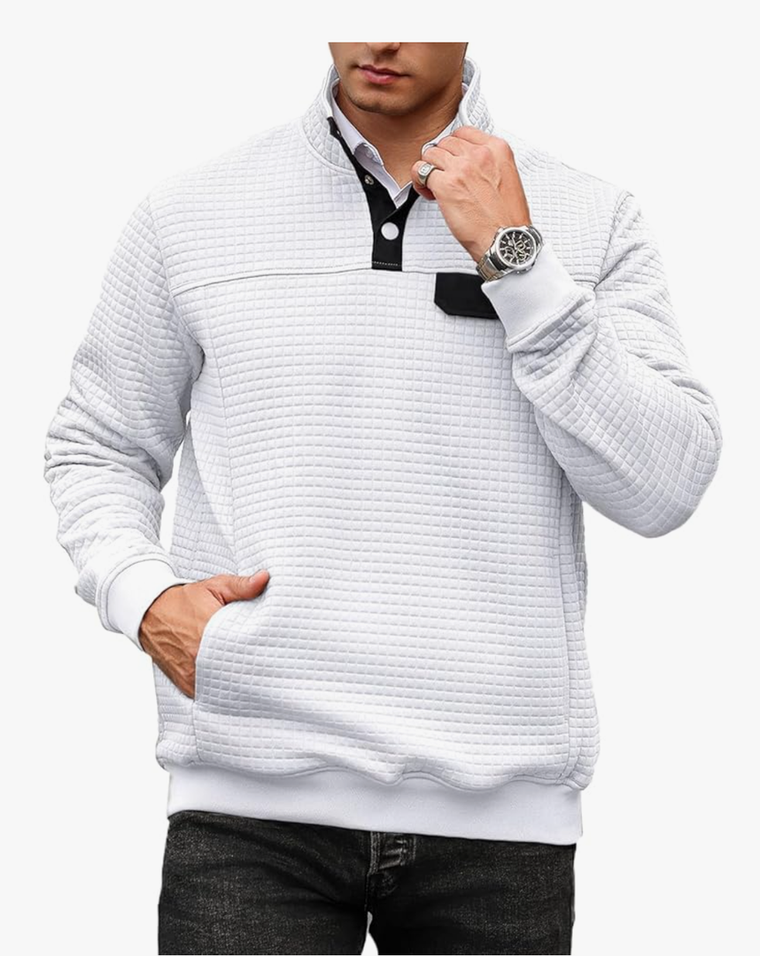 Men's Quilted Sweatshirt Casual Waffle Stand Collar Button Pullover Sweatshirts S, White