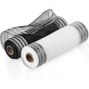 Juexica 2 Rolls Deco Mesh, 10 Inch x 10 Yard Poly Decorative Mesh Ribbon Wrapping Ribbon Rolls for Wreath Making Door Decoration DIY Crafts Supplies(Black, White)