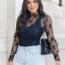 Gleeneat Womens Mesh Tops Lace Long Sleeve Shirts Mock Neck Slim Fitted Date Outfits See Through Sheer Blouses Layering Top