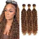 P4/27 Highlight Brown Bundles Human Hair Blonde Water Wave Bundles 30 32 34 Inch 3 Bundle Brazilian Highlight Wet and Wavy Human Hair Extensions 50 Gram Per Bundle