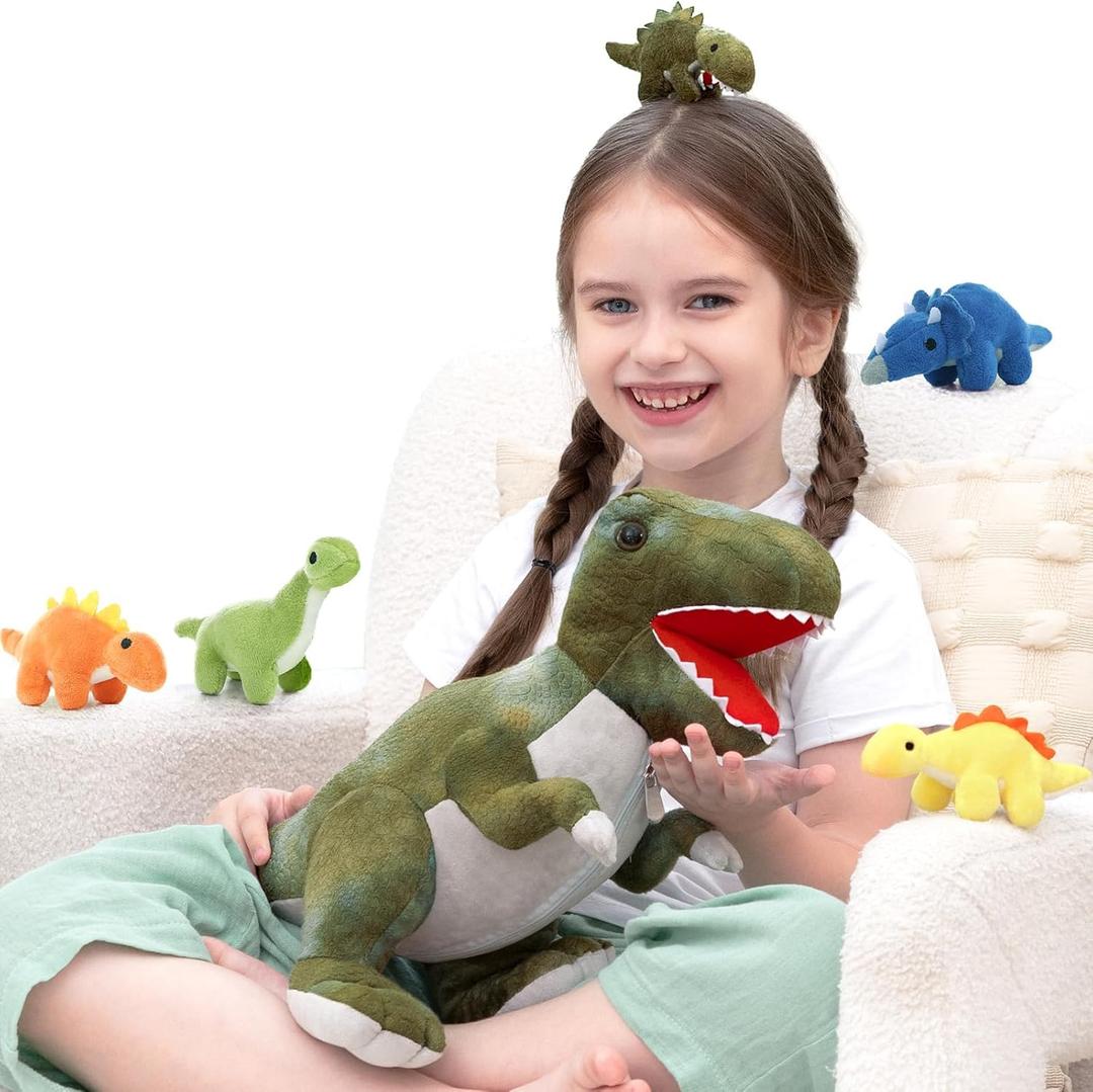 Muiteiur Dinosaur Stuffed Animals with Babies, Soft 19.6 Inch Plush T-Rex Zippered Belly Inside with 5 Cute Baby Dinosaurs, Set for Kids