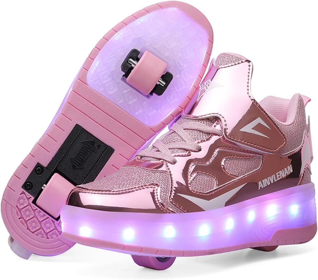 Roller Skate Shoes for Boys and Girls Kids LED Light Up Fashion Sneakers with Rechargeable and Detachable Wheels The Gift for Party Birthday Christmas Day (12.5 Little Kid, Pink623)