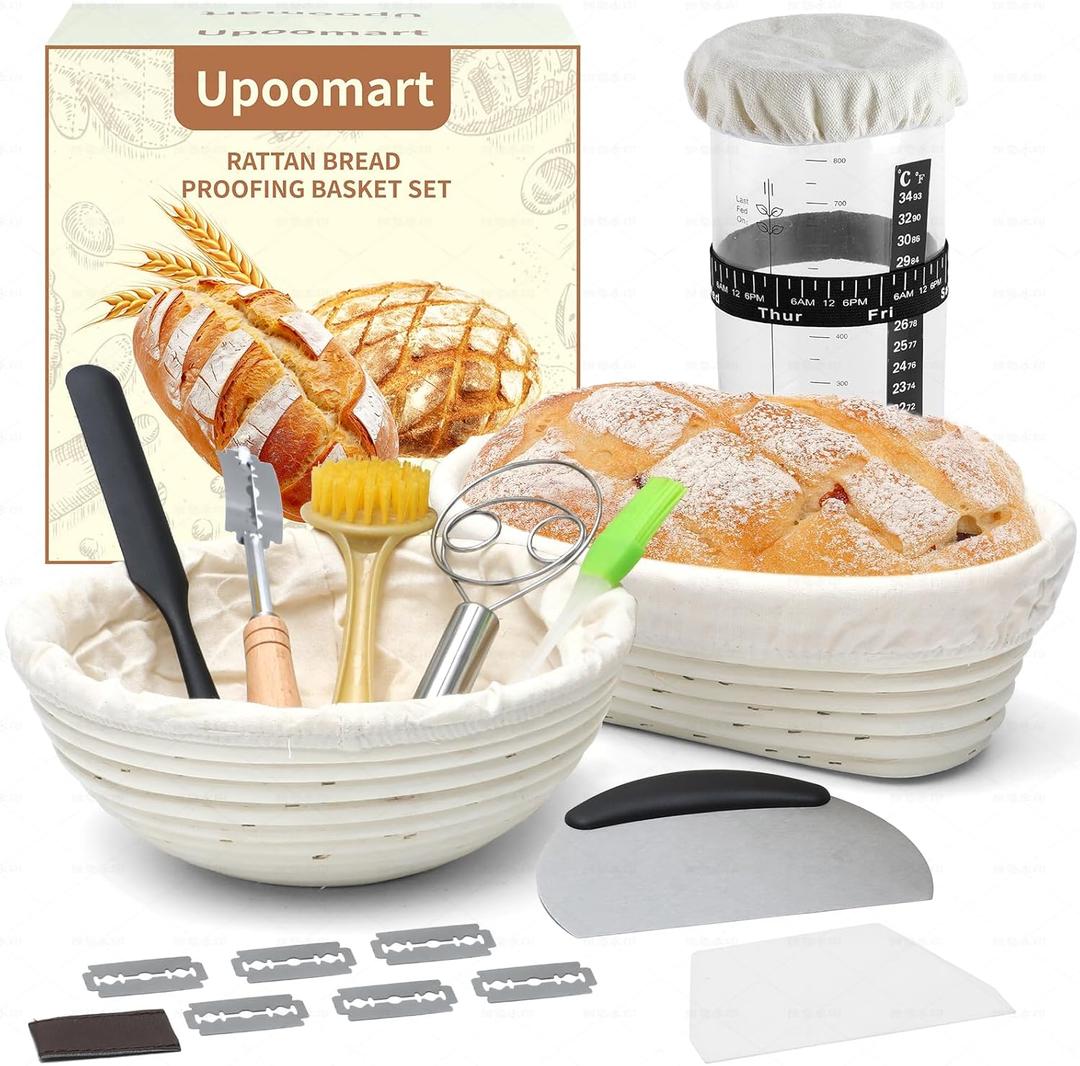 Soudough bread baking supplies, Upoomart Banneton Bread Proofing Basket Set of 2, 9 Inch Round & 10 Oval Cane, 34oz Sourdough Starter Jar Kit, Dough Scraper Linen Liner