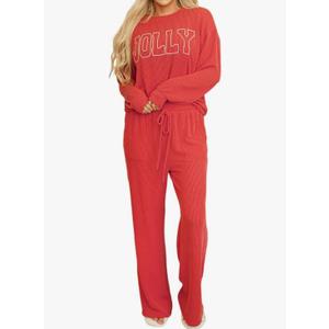 Opemiby Women Pajamas Set Loungewear Ribbed Long Sleeve Top and Pants with Pockets Lounge Pj Set Sleepwear Size Large