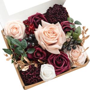 Ling's Moment Burgundy Artificial Flowers and Greenery Mini Combo Box Set, Marsala & Blush Fake Flower for DIY Wedding Bridal Bouquet, Centerpieces Decor, Floral Arrangement Decor, etc.