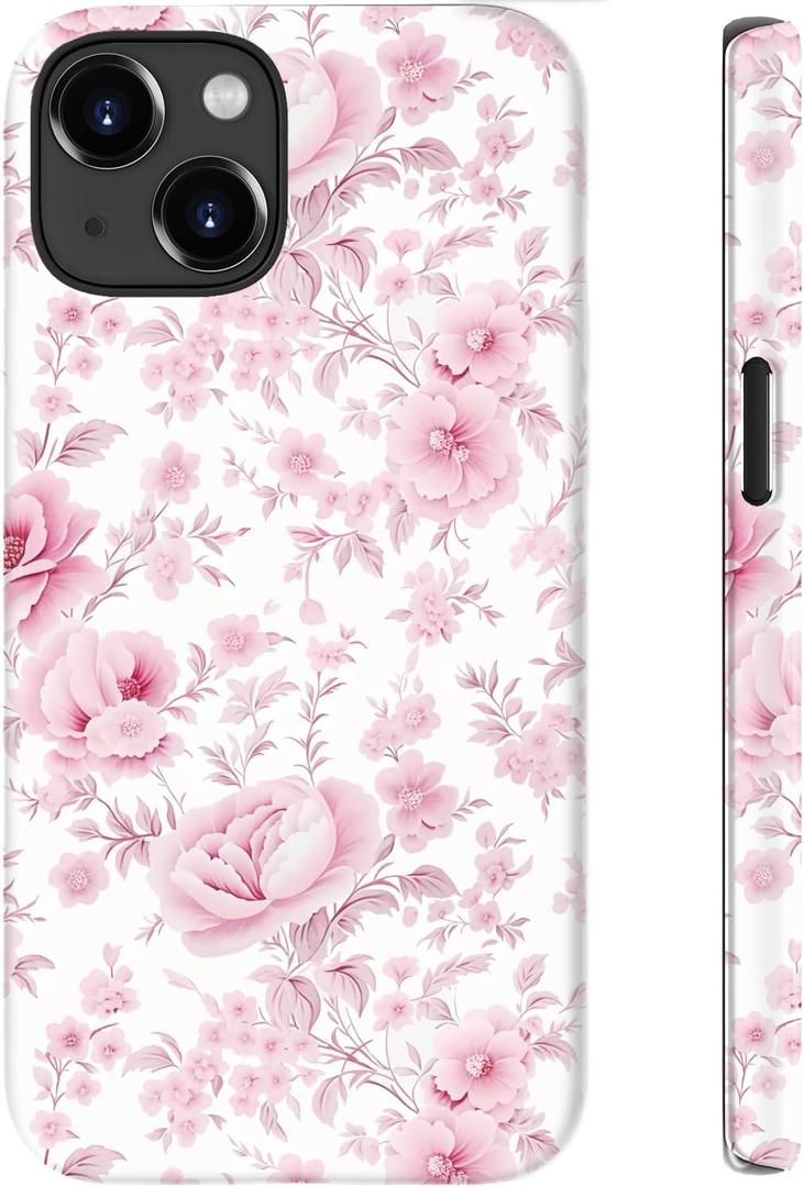 for iPhone 14 Plus Case Cute Wireless Charging Compatible Dual-Layer Shockproof Protection with Stylish Wildflower Design Protective Cover for Women - Romantic Pink Bloom