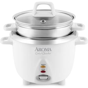 Aroma Housewares 6-Cup (Cooked yield ) / 1.2Qt. Select Stainless Pot-Style Rice Cooker, & Food Steamer, One-Touch Operation, White