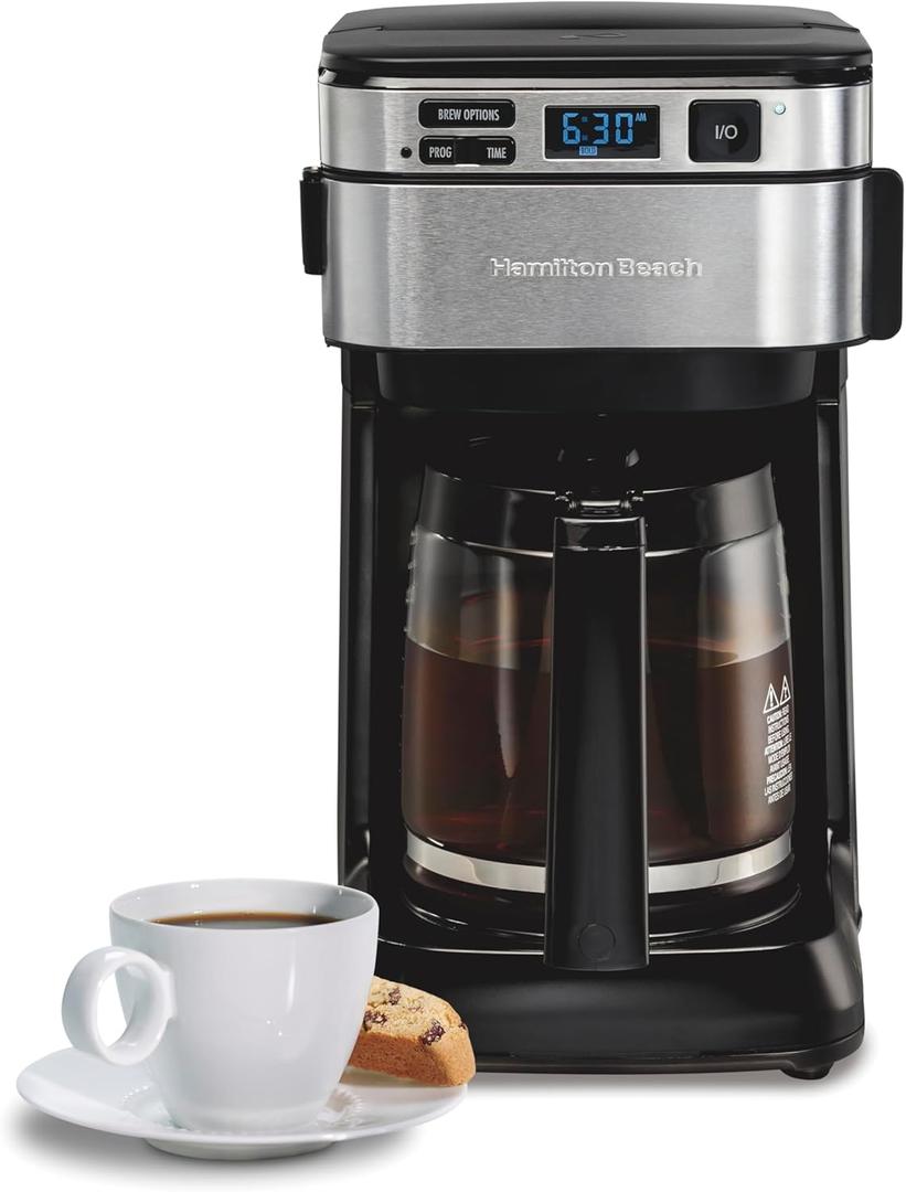 Hamilton Beach FrontFill 12 Cup Programmable Drip Coffee Maker | Regular & Bold Brew Options | Auto Pause and Pour | Glass Carafe | Black with Stainless Accents | 46310