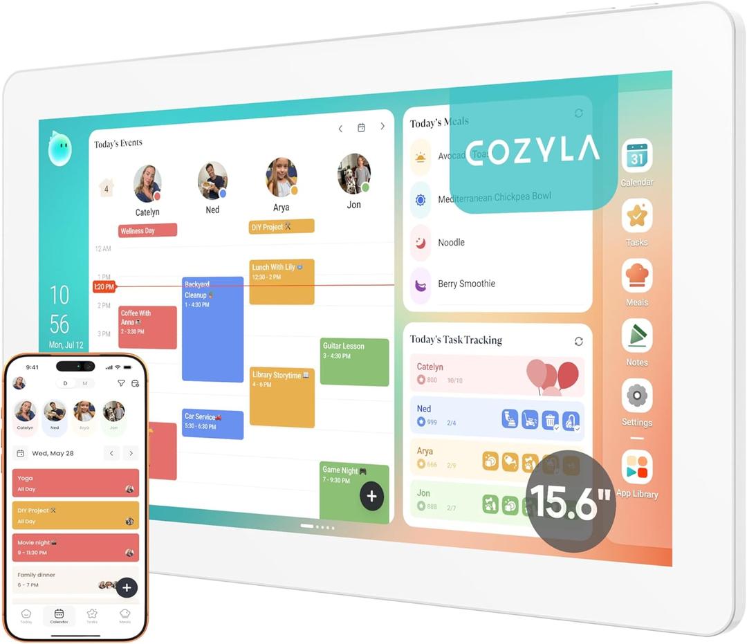 Cozyla Calendar Plus 2: 15.6" Smart Digital Calendar & No Subscription Family Dashboard, Electronic Touch Screen Wall Planner for Family System-Chore Chart, Meal Planner, Support App Store with Stand