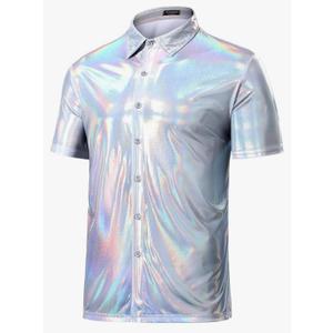 Arjen Kroos Mens Sequin Top 70s Outfit Disco Rave Party Collared T-Shirt Short Sleeve Breathable Metallic Shirt, Size L