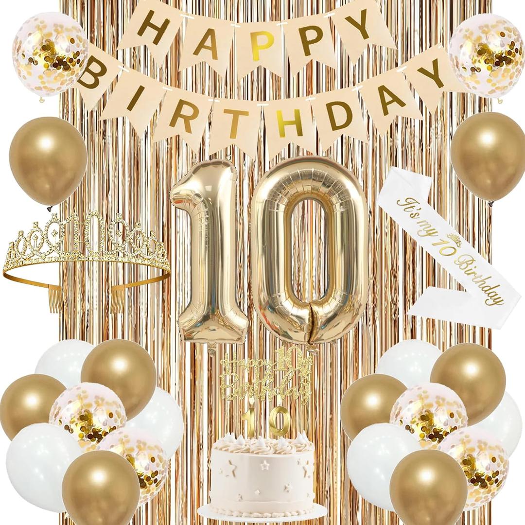 Trgowaul 10th Birthday Decorations for Girls, Banner, Sash and Crown, Cake Topper, 10 Number Balloon, Fringe Curtains, Champagne Gold 10th Birthday Party Supplies