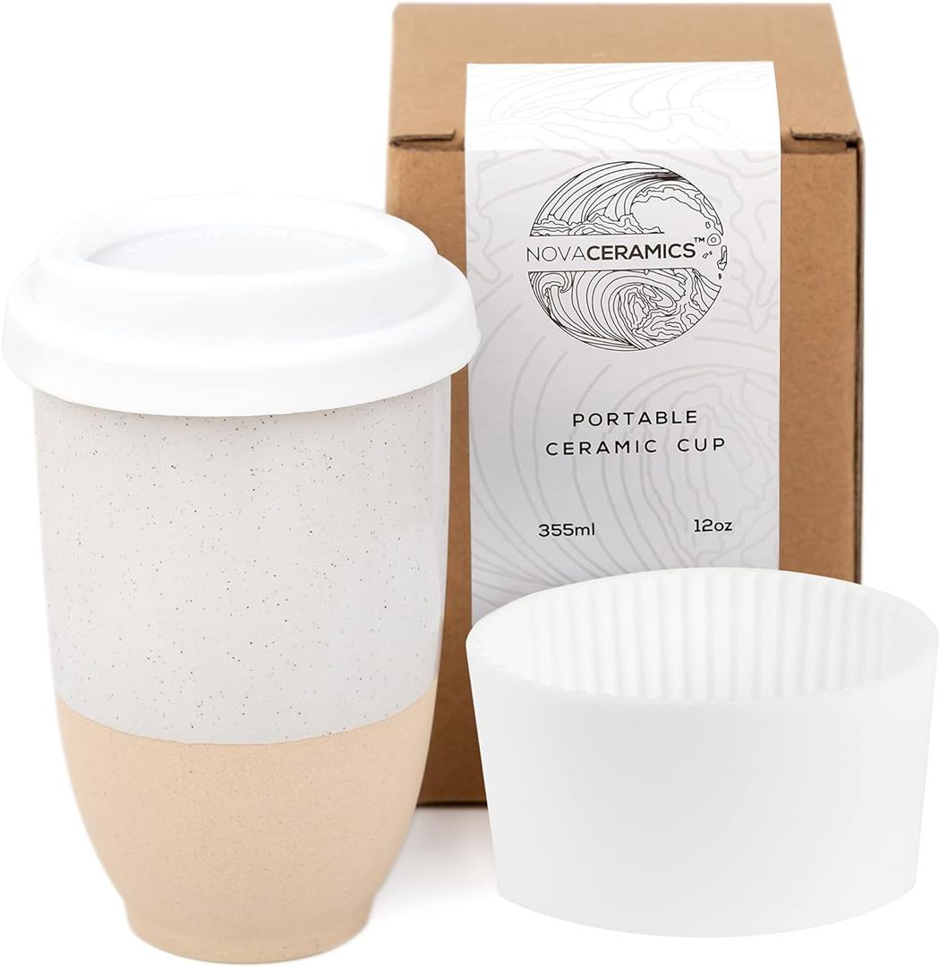 NOVA CERAMICS Travel Mugs - Reusable Coffee Cup  Cute Coffee Mugs Travel Coffee Tumbler  Microwave & Dishwasher Safe To Go Coffee Mug- Gifts For Women Men Him Her  12oz - Dune
