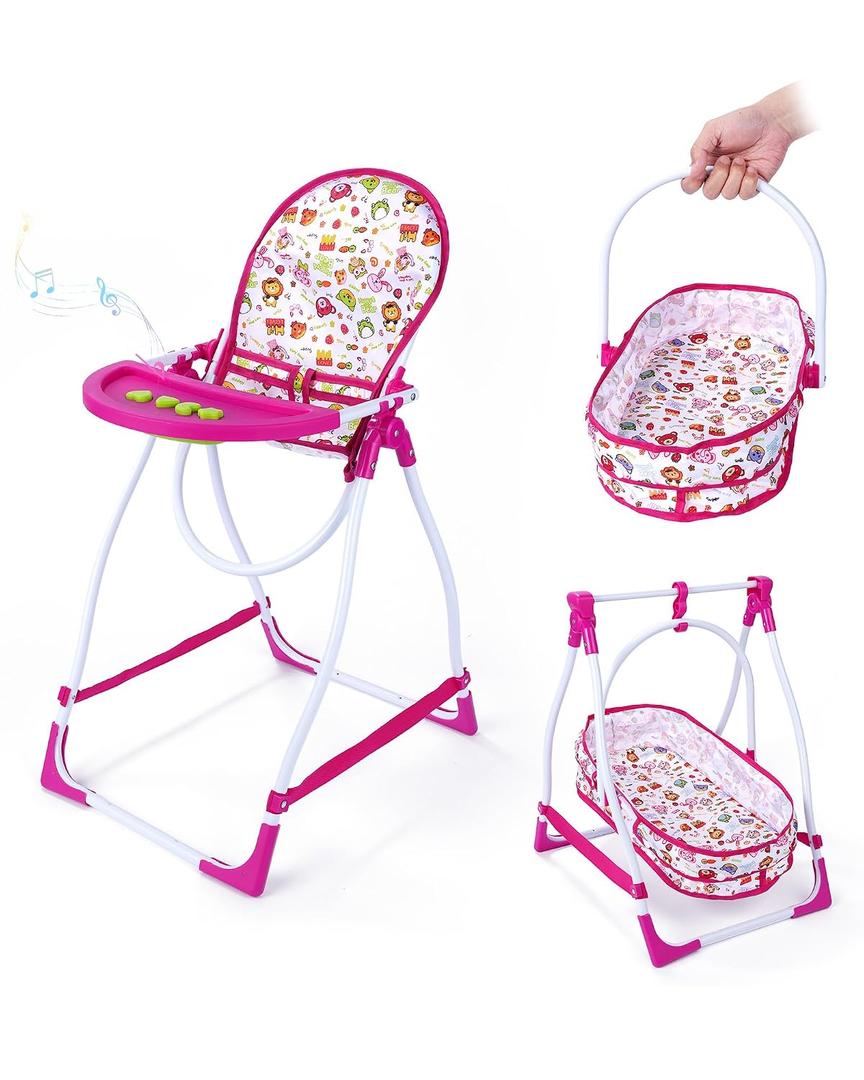 BABESIDE Baby Doll High Chair Set for Dolls & Stuffed Animals, 3-in-1 Baby Doll Accessories Converts to Doll Cradle & Portable Doll Bassinet, Pretend Play Gift for Kids Age 3+ (No Doll)