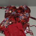 Women Two Piece Tankini Halter Padded Adjustable Drawstring Swimsuit with Boyshorts (Large, Red Flowers Print)