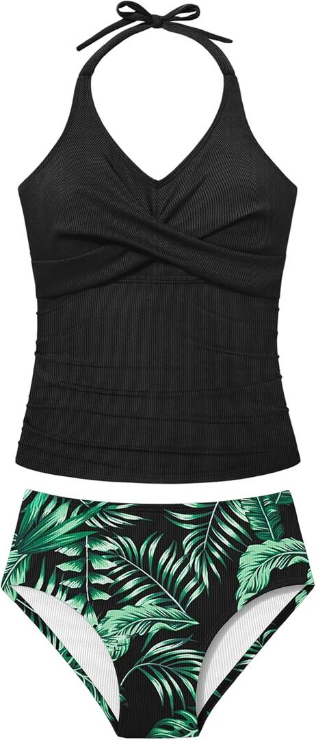 Girls Swimsuits Size 13-14 Two Piece Bathing Suit for Girls Halterneck Lace-up Criss Cross Ruched Tropical Print Slimming Tankini Girl Swimwear Black