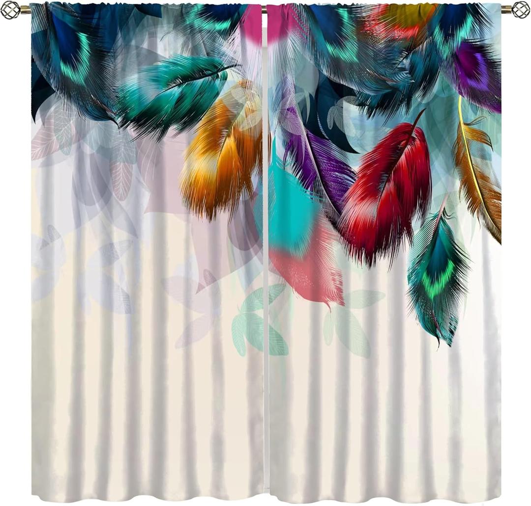 Colourful Peacock Feather Curtains for Girls, Beautiful Colourful Mysterious Fantasy Peacock Bird Animal Feather Flower Window Drapes Print for Kids Girls Bedroom Living Room (No size)