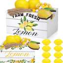 Qunclay Lemon Mini Crate Summer Tiered Tray Decor with 8 Faux Lemons with Wood Bead Tassel Farmhouse Lemonade Kitchen Decorations Summertime Wood Crate for Party Decor