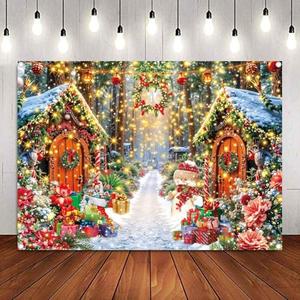 Christmas Gingerbread House Village Backdrop Winter Forest Xmas Tree Snowman Photography Background Holiday Party Decoratins Photo Props (8x6FT(94 x 70 inch))