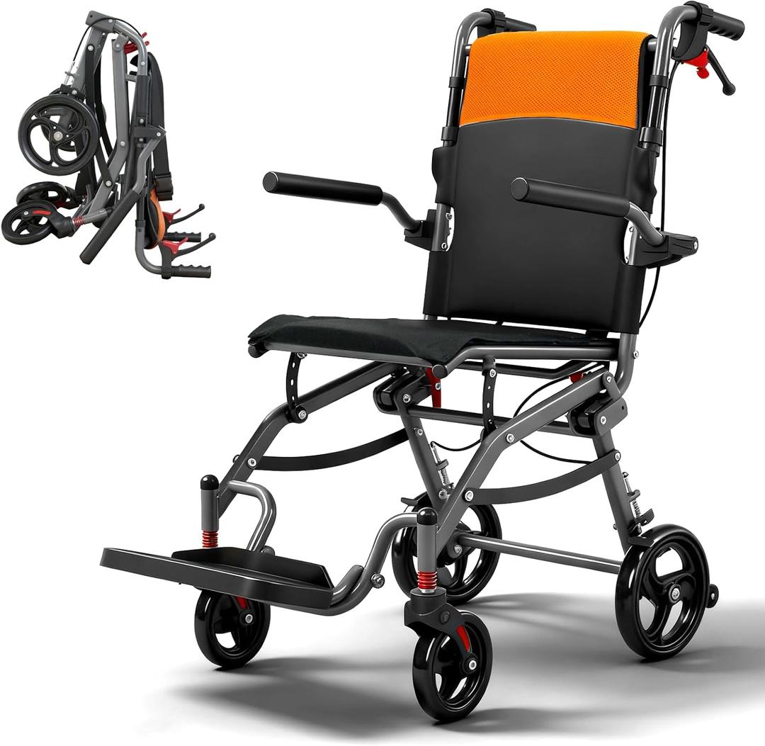 19lbs Transport Wheelchair Lightweight Foldable, Wheelchairs for Adults with Adjustable Height, Narrow Transport Chair for Seniors, Portable Folding Small Travel Transfer Wheel Chair (Orange)