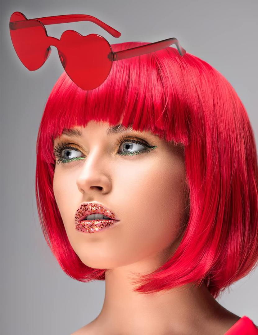 Wig and Sunglasses 12 Inch Red Short Bob Wigs with Bangs for Women Costume Cosplay Party(Red)
