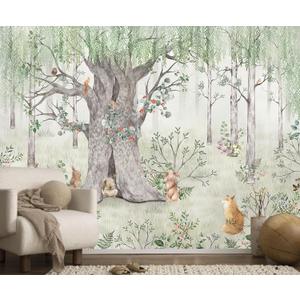 Watercolor Forest Animals Wallpaper Kids Large Tree Mural Wallpaper for Kids Bedroom Living Room(Not Self-Adhesive) (149" x 96", 230)