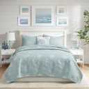 Harbor House Seaside Reversible Cotton Quilt Set Coastal Clam, Starfish, Coral Embroidery, All Season, Pre-Washed Coverlet Bedding Layer, Decorative Pillow, Full/Queen(90"x90") Seafoam 4 Piece