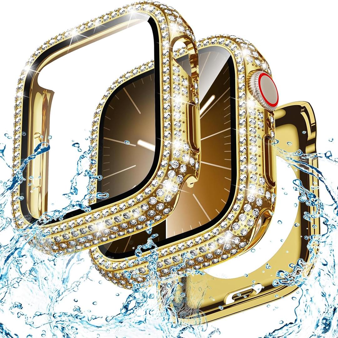 Goton 45mm Waterproof Bling Case for Apple Watch Screen Protector Series 9/8/7 45 mm, Sparkling PC Front Bumper & Hollow Back for iWatch Cover, Splash-Resistant, Easy Install (Gold)