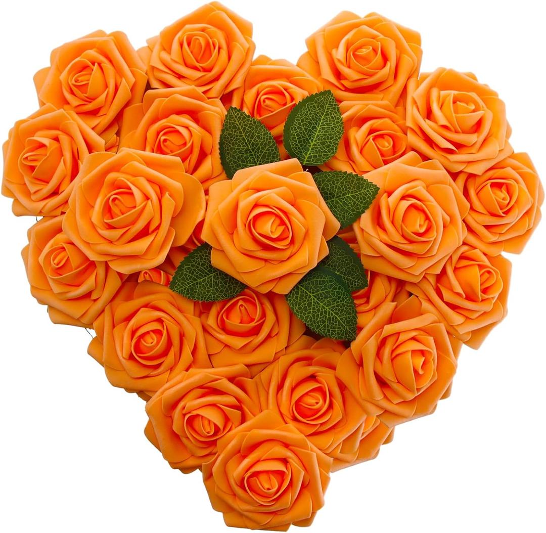 [25PCS] Orange Roses Artificial Flowers with Long Stem Real Touch Fake Foam Roses for Decoration DIY Wedding Bouquets Centerpieces Bridal Shower Flower Arrangements Home Decor