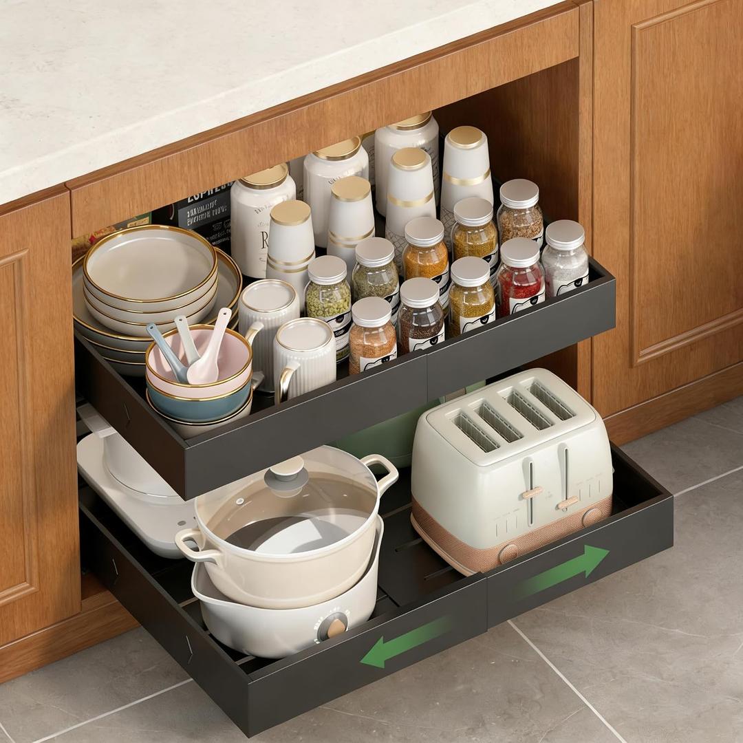 2-Pack-Expandable-Pull-Out-Cabinet-Organizers, No Drill Slide Out Drawers
Adjustable Pull Out Shelf With Raising Pad For Kitchen Framed Cabinet, Heavy Duty Sliding Roll Out Drawers Inside Cabinet