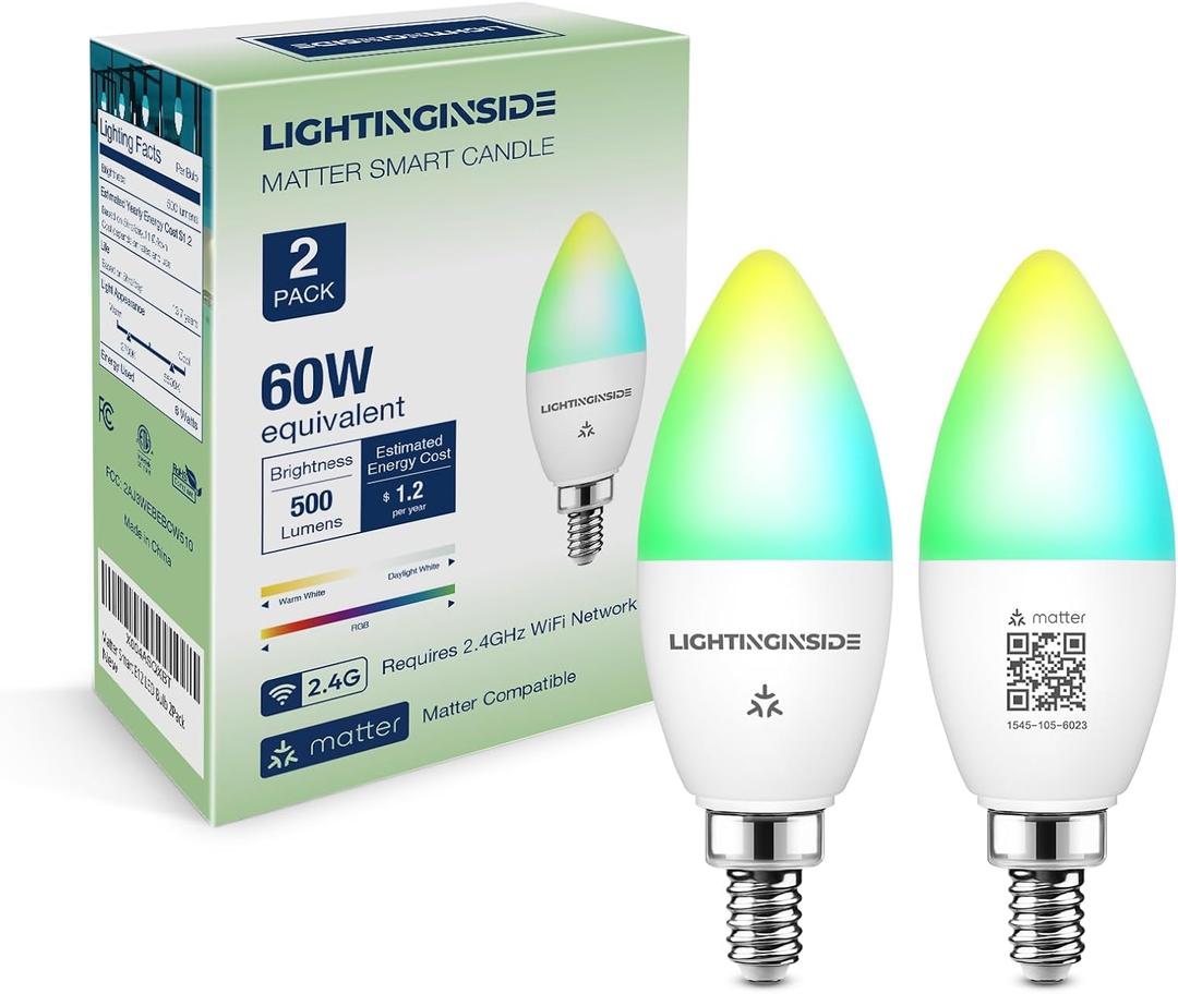 Matter Candelabra Smart Light Bulbs 60W Equivalent, 500LM 6W E12 LED Bulb Compatible with Alexa/Siri/Apple Home/Google Home/SmartThings, RGBCW Candle Bulb, 2.4G WiFi, ETL Listed, 2PCS (2 PACK-Candle)