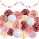 EpiqueOne 22-Piece Tissue Paper Pom Poms Party Set - Pink, Rose, Mauve & Cream | Includes 12 Pom Poms, 5 Paper Lanterns, 4 Honeycomb Balls & 1 6.5 ft. Garland | For Birthdays, Baby Showers & More