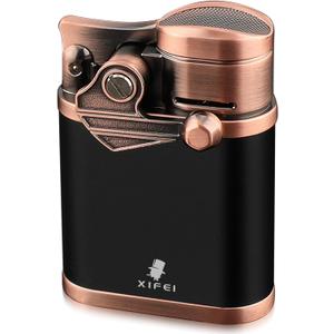 XIFEI Cigar Lighter 4 Jet Flame Torch Lighter with Cigar Holder, Windproof Rocker Arm Lighter Adjustable Flame, Refillable Butane Lighter Smoking Lighters Gift for Men (Bronze)
