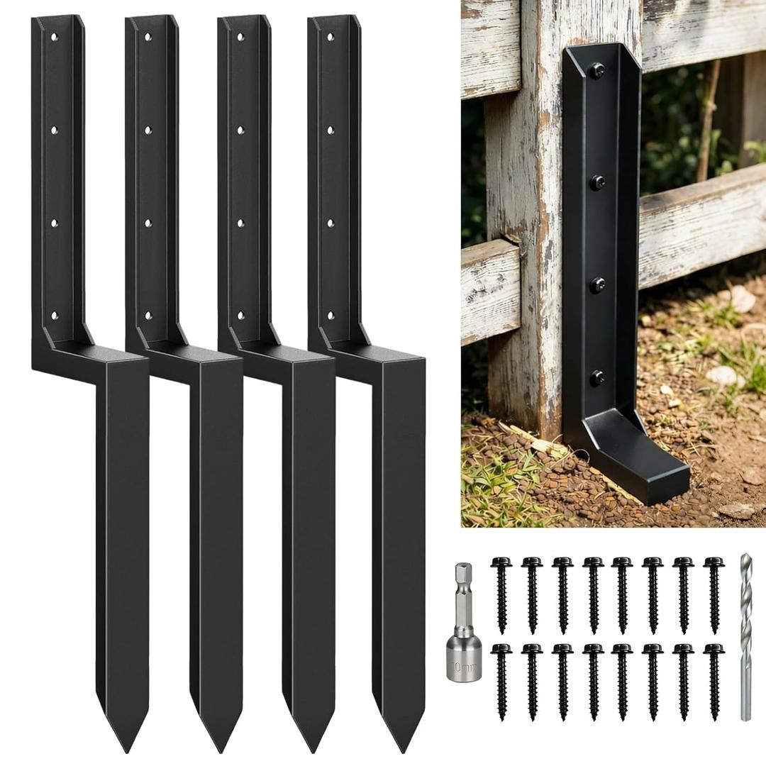 Fence Post Repair Kit Heavy Duty Thickened Steel Fence Post Anchor Ground Spike, Fence Repair Kit Quick Fix Broken/Leaning Wood Fence Posts, Wooden Fence Post Stabilizer Stakes (4 Pack, Black)