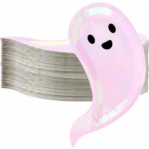 Meanplan 60 Pcs Halloween Paper Plates Pink Ghost Dessert Plates 7.9" Boo Ghost Dessert Disposable Dish for Halloween Spooky Party Tableware Birthday Baby Shower Party Supplies