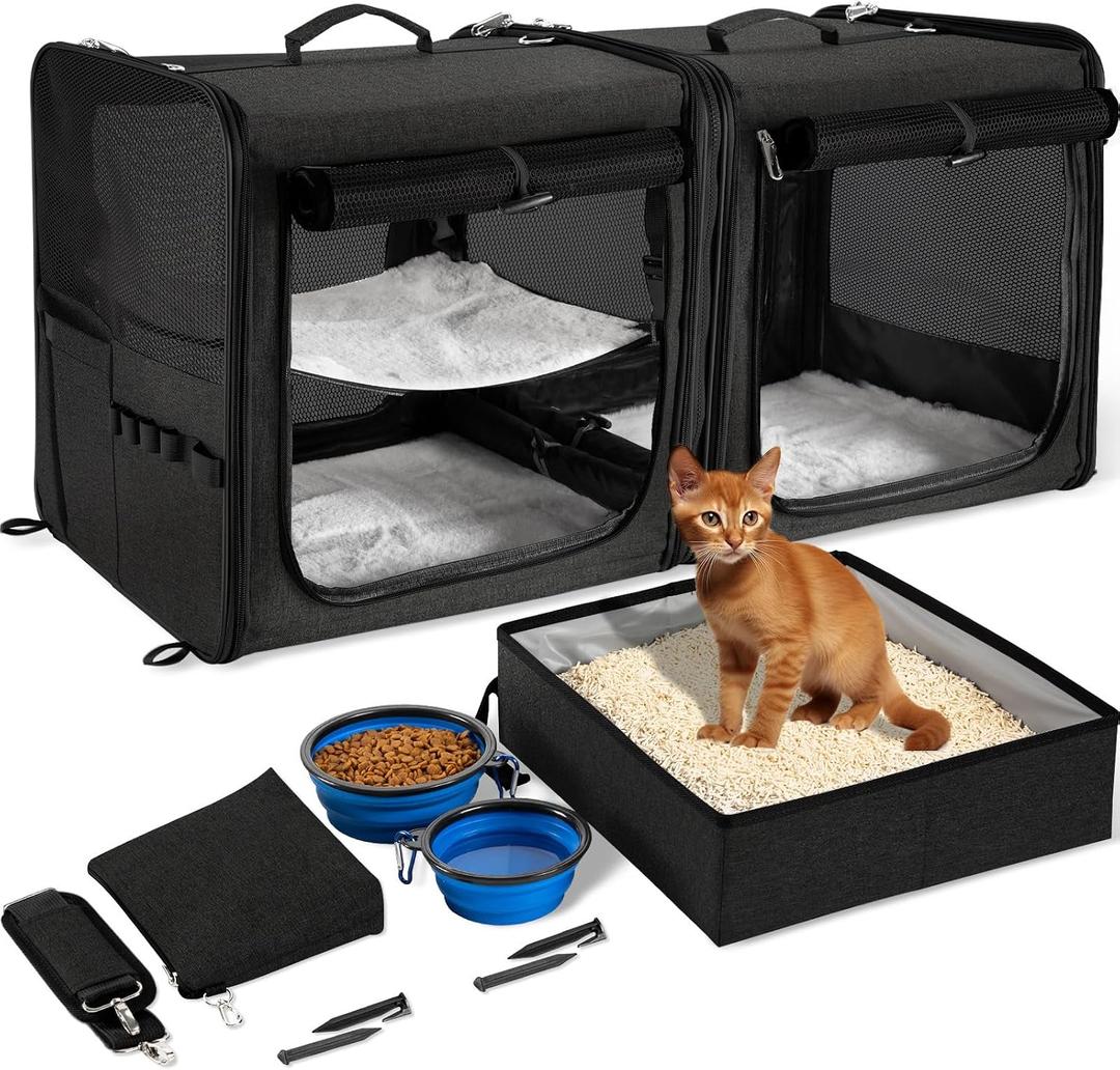 Large Cat Carrier for 2 Cats with Zipper Locks, Double Cat Carrier with Travel Litter Box, Soft Pet Travel Carrier for Cats and Small Dogs Up to 45 Lbs, Black