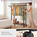Sakugi Double Rods Clothes Rack - Metal Clothing Rack with Fixed Double Rods, Rolling Wheels & Built-In Shelf for Closet, Bedroom, Laundry Storage (39" x 17" x 60", Black)