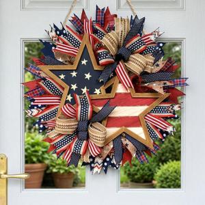15.7 Inch Patriotic Wreaths for Front Door, 4th of July Outdoor Decorations, Red White and Blue Weather, Handcrafted Memorial Day Wreaths, Festival Celebration USA Flag Printed Wreath