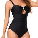 Smismivo Tummy Control One Piece Swimsuit for Women Vintage Cutout Bathing Suit Long Torso Full Coverage Swimwear (Black)