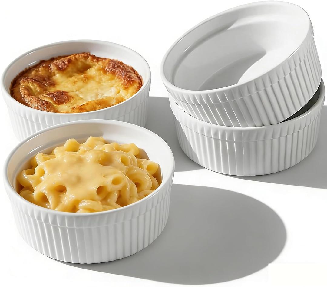 Cinf White 10 oz Set of 4 Souffle Dishes Ramekins Oven Microwave Safe Bowls Creme Brulee Sauce Cups for Baking Cooking Porcelain Individual Serving Size for Desserts
