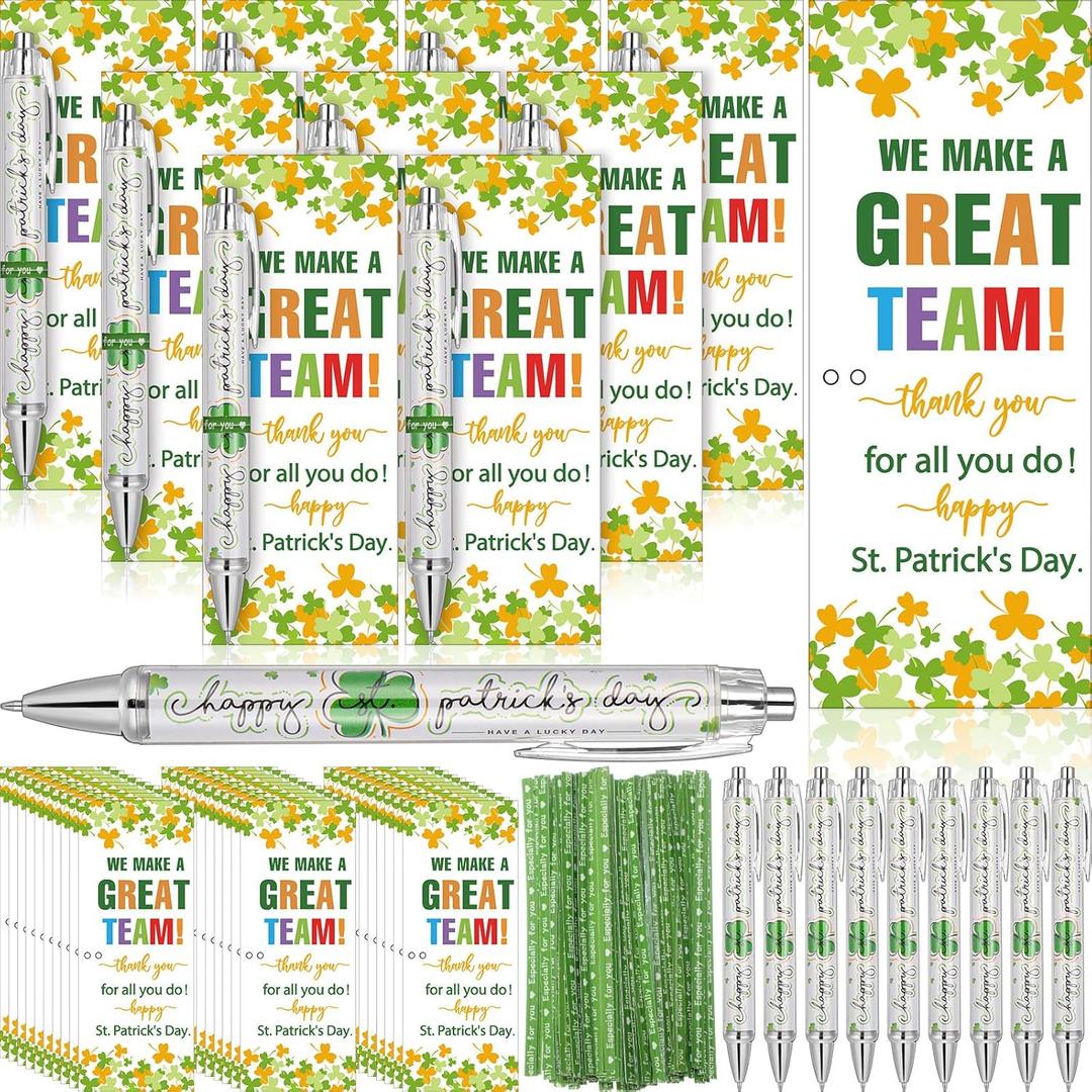 50 Sets St. Patrick's Day Gifts for Coworker Employee Team Staff Appreciation Gift Bulk Include Irish Green Shamrock Ballpoint Pens Bookmark Greeting Card Twist Ties(Team Appreciation)