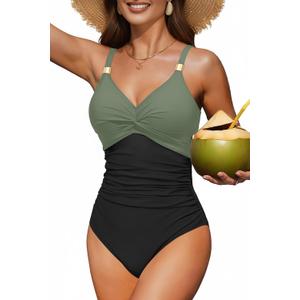 Daci Women's One Piece Swimsuit Tummy Control Bathing Suit Gold Metal Full Coverage Slimming Swimwear 2025 (XXL)