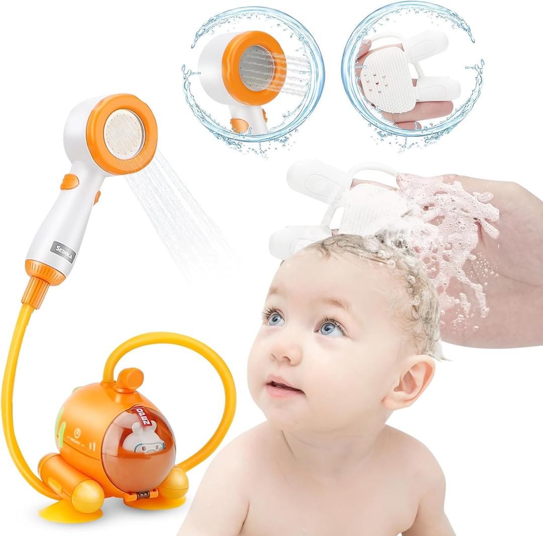 Bath Toys Electric Radish Submarine Baby Bath Shower Head Sprayer, Water Toys for Babies Portable Camping Shower Pump for Toddler Kids in Bathtub or Sink (Not Included Batteries)